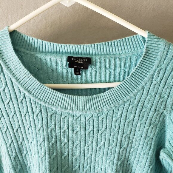Talbots Womens Sweater Small Aqua Blue Pima Cotton Cable Knit Long Sleeve EUC - Picture 3 of 7